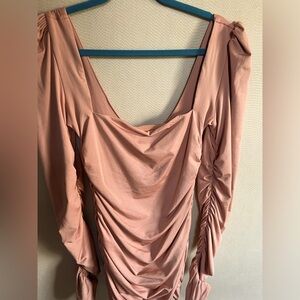 Oh Polly Beige Ruched Long Sleeve Bodycon dress size US 10